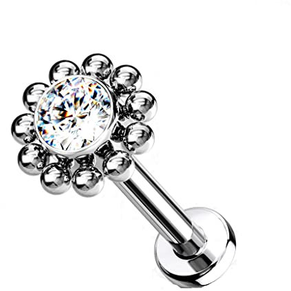 Paula & Fritz® Push-In Labret Piercing Silber Zirkonia Klar Titan-IUM Grade 23 Kugel Piercing Set Mehrfarbig 1,2-mm Stab-Dicke Madonna Medusa Helix
