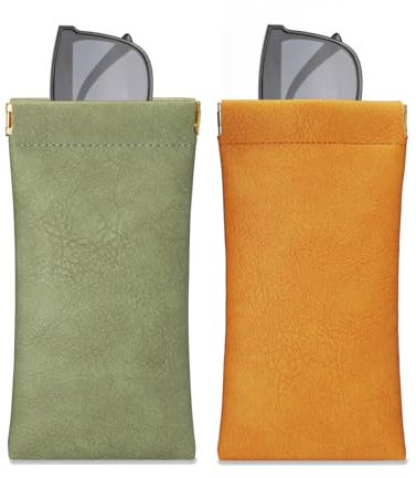 molshine 2Pcs Portable Leather Sunglass Pouch,Soft Eyeglass Case,Eyewear Sleeve for Reading Glasses,Small Sunglasses (Green&Yellow)