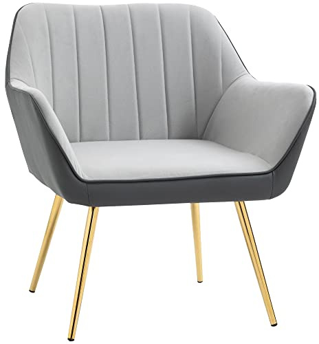 HOMCOM Velvet Armchair, Upholstered Accent Chair with Golden Steel Legs, Modern Vanity Chair for Living Room and Bedroom, Light Grey