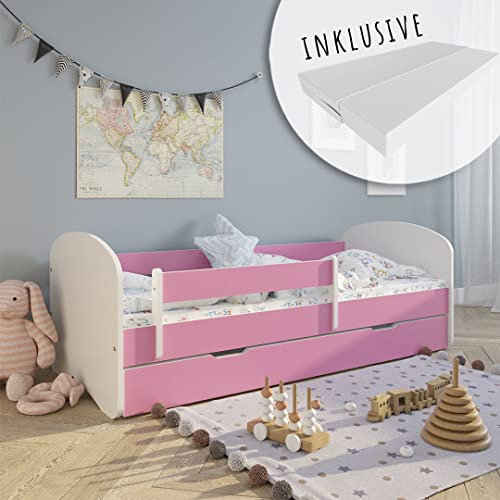 Kids Collective Kinderbett 70x140 | 80x160 | 80x180 cm mit Matratze, Rausfallschutz, Lattenrost & Schublade in pink Mädchen Jungen Bett