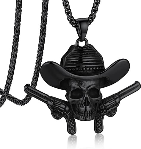 Bandmax Cowboy-Hut Totenkopf Kette Herren Panzerkette Edelstahl Schwarz Skull Halskette Piraten Kette Schädel Kette Länge 55CM+5CM Punk Schmuck Piraten Accessoires
