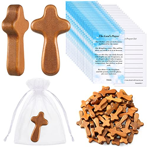 50 Stück Holz-Handkreuze, 6,4 cm, Mini-Handkreuze, Kreuz, Handkreuze, mit 50 Organza-Beuteln und 50 Bibel-Gebetskarten für Weihnachten, christliche Kirche, Jesuskreuz, Geschenk