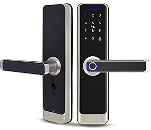 zemismart Tuya WiFi DoorLock Fingerprint Touchscreen Smart Lock with Handle,Keyless Entry Biometric Intelligent Keypad Door Lock for Office Home Security,Bedroom Front Door(5050 147mm,Silver)