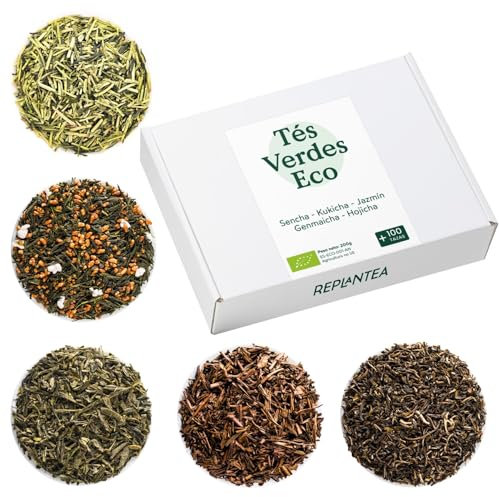 TÉS VERDES ECOLÓGICOS Pack de 5 Tés Premium a Granel 200g (+100 Tazas) | Kukicha, Genmaicha, Sencha, Hojicha y Jazmín REPLANTEA