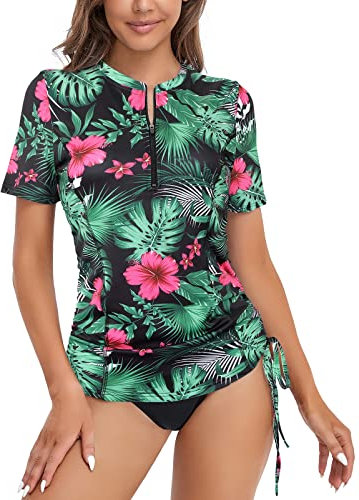 LURANEE Kurzärmeliges Rashguard-Shirt für Damen, LSF 50+, seitlich verstellbar, Neoprenanzug, Badeanzug, Oberteil, S-XXL, Rotes Blumenmuster in Schwarz, XX-Large