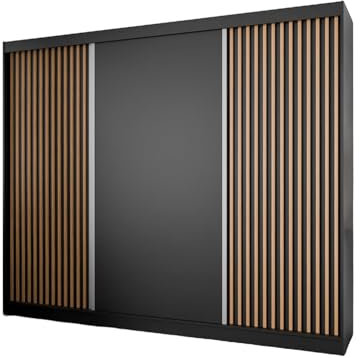 Margaret Hadas24 Kleiderschrank Lili mit Lamellen ohne Spiegel Organizer, Mehrzweckschrank, Schwebetürenschrank, Garderobenschrank, Kleiderstange, Kleiderständer, Schrank 250 cm, schwarz, braun