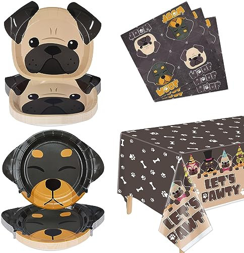PIXHOTUL Hundeparty-Dekorationen, Teller in Hundeform, 61 Stück, Partyzubehör für Hunde und Kinder, inklusive Hundeteller, Let's Pawty Tischdecke, Servietten, für 20 Gäste