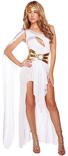 Damen Halloween Kleid, Göttin EIN-Schulter Patchwork Unregelmäßig Langes Kleid Königin Cosplay Kleid mit Stirnband Athena Griechische Göttin Kostüm (White, M)