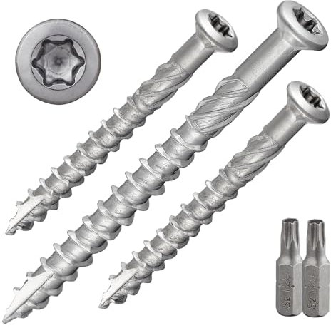 Lot de 500 vis de terrasse avec tête fraisée et entraînement TX - En acier inoxydable A4 - Avec 1 embout S2 - Fraise à queue + pointe de coupe - Renforcée sous la tête avec nervures de fraisage -