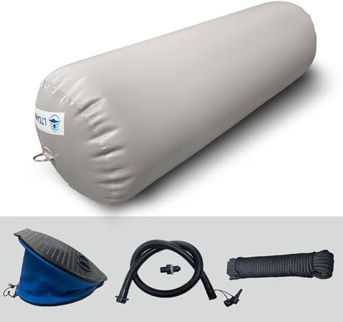 LTCANOPY Robuster aufblasbarer Bootsfender, 70 x 115 cm Bootsstoßstange für Docks, Yachten, Segelhäfen, Grauer Bootsfender mit 10 m doppelt geflochtenem Nylonseil, Fußpumpe