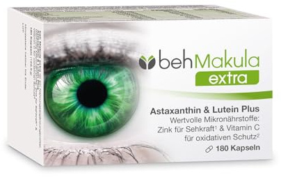beh Makula extra Kapseln, 180 Stück | Augenvitamine C, E, B6, B12, Folsäure, Zink & Kupfer, Astaxanthin hochdosiert, Lutein & Zeaxanthin, für die Augengesundheit