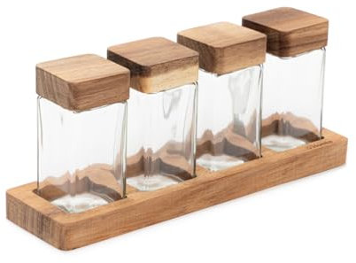 HOMLA MOOKA Lot de 4 pots à épices sur bol en acacia 4 x 120 ml