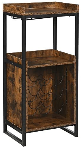 HOMCOM Mobile Portabottiglie Stile Industriale, Cantinetta Vini per 9 Bottiglie con Portacalici e Ripiani, 52x40x113cm, Marrone