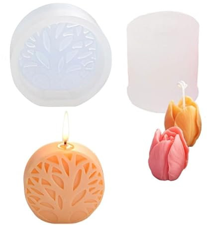 2 Stück Kerzen Silikonform, 3D Silikon Kerzenform, Aromatherapie Harz Seife Form, handgemachte Seife machen, Kuchen Dekoration, Wachs schmelzen Form, DIY Silikonformen (Tulpe+Baum des Lebens)