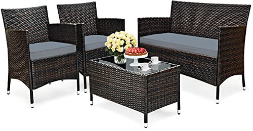 LIFEZEAL 4 TLG. Gartenmöbel Set, Polyrattan Gartenlounge mit Sitzkissen, Rattan Essgruppe & Sitzgruppe & Esstisch, Balkonmöbel Set für 4 Personen, für Balkon Garten Terrasse