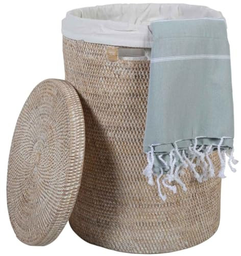 Wäschekorb Rattan Cleo Weiß Wäschsammler Wäschebox Aufbewahrung rund mit Deckel und Innensack Ø35 cm x Höhe 50 cm Größe L