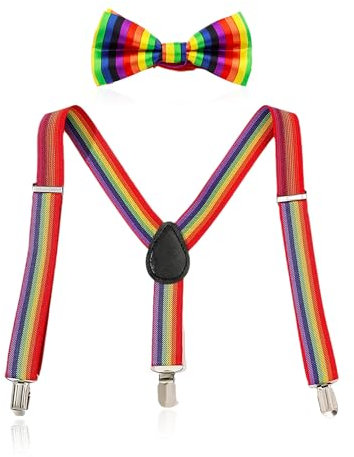 KRYMSON Set aus 2 Regenbogen-Fliege-Hosenträgern, verstellbaren Hosenträgern, elastischen Hosenträgern, Herren-Kinder-Hosenträgern, Regenbogen-Streifen-Fliege