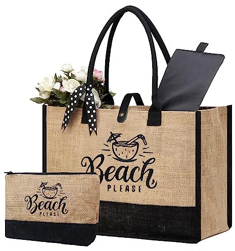 BeeGreen Personalisierte Tragetaschen für Frauen, Initiale, Monogramm, bestickt, Leinwand, Jute, Geburtstagsgeschenktüten, Jute, Braun, Large, Strandtasche W Make-up-Tasche – Strand Kokosnuss
