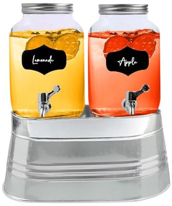 Crystals 2 X 4L Glass Water Dispenser with Tap – Wide Mouth Drink Dispenser with Silver Stainless Steel Ice Bucket- Leak Proof Glass Juice Dispenser with Tap for Beverage, Cocktail and Drinks