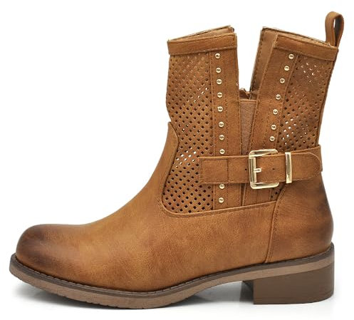 IF Fashion Stiefel Biker Motorradstiefel Damen perforiert mit Schnallen Frühling Sommer Kunstleder Jeans Optik GR-6656, 677 Camel, 41 EU