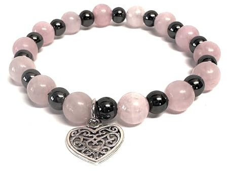 Generico ALCHIMIA- Bracciale elastico pietra vera naturale ematite mm.6 cuore lega stile tibetano colore argento antico con pietre vere naturali mm.8 cristalloterapia Quarzo Rosa