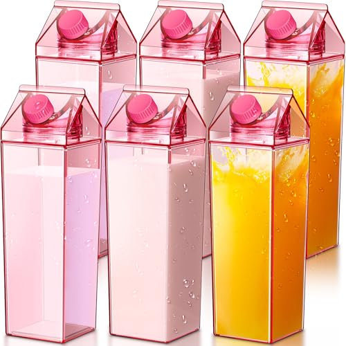 Remerry 6 Pcs 34oz Pink Milk Carton Water Bottle Plastic Pink Milk Carton Cup Square Plastic Cute Milk Carton Container Portable Reusable Milk Bottles Leakproof Juice Bottle for Sports Camping