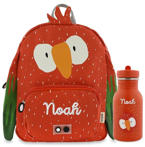Trixie Rucksack und Trinkflasche Kinderrucksack Kindergartenrucksack Kitarucksack und Trinkflasche Kinder personalisiert mit Namen einzeln oder als Set (Papagei, Set: Rucksack SMALL + Flasche 350ml)