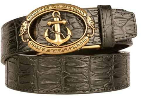 xichuangyuXCY Men's Leather Ratchet Belt Retro Crocodile Buckle Casual Business Belt 49 (Crocodile patterned anchor black)