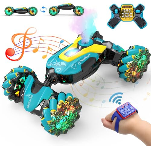 DEERC Ferngesteuertes Auto, Gestensensor Drift Stunt Car mit Spray &Musik, programmierbares RC Auto mit LED Licht für Kinder 6 7 8 9 4WD 2.4GHz Off-Road 360° Rotation Spielzeugauto Geschenk für Jungen