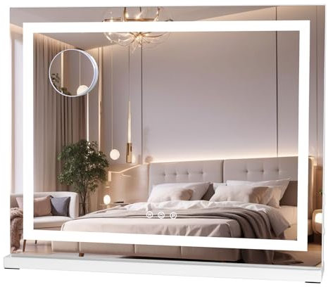 eklipt Hollywood Schminkspiegel mit Beleuchtung, 58 X 46cm Großer Kosmetikspiegel mit 3 Farbbeleuchtungsmodi, Touch Schalter, Vanity Spiegel mit Licht Weiß