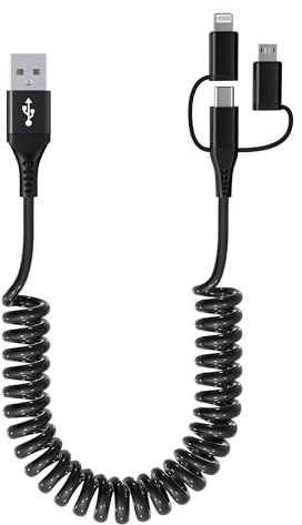 USB to USB-C Lightning Micro-USB Cable Combo 3 in 1 Coiled Cable Carplay & Android Auto Compatible [MFi & 3A Fast Charge & Data Sync] Coiled Lightning/USB C/Micro-USB Cable for iPhone 16 15 14 Android