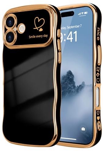 LCHULLE for iPhone 16 Plus Case for Women Girls,Cute Curly Wave Frame Shape Love Heart Pattern Phone Case,Raised Camera Protection Plating Shockproof Cover for iPhone 16 Plus 6.7,Black