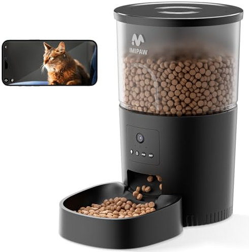 IMIPAW Distributeur Croquettes Chat Automatique avec Caméra 1080P, 2,4 G WiFi, Télécommande App, 1 à 8 Repas, Audio Deux Voies, Enregistreur Vocal 10s, Noir
