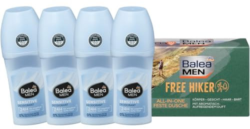 Balea MEN 5er-Set Körperpflege: Deo Roll-on SENSITIVE ohne Alkohol, ideal für empfindliche Haut nach der Rasur (4 x 50 ml) + Festes Duschgel FREE HIKER für Körper, Gesicht, Haar & Bart (100 g), 200 ml