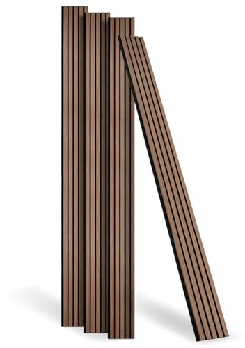 DOLLAR BOSS Wood Panels for Walls, Acoustic Wall Panels 240x20cm 4 Pack, Sound Absorbing Wooden Slats, Decorative 3D Wall Panels, Modern Wall Decor for Office, Bedroom, Kitchen, Walnut