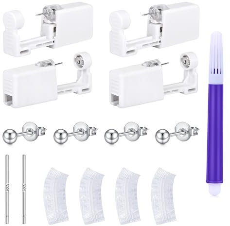 LAURITAMI 4 Stück Ohrstecker Selber Stechen Silber Set, Steril Sicherheits Ohrlochpistole mit CZ Ohrstecker, Schmerzfreies Selbst Piercing Werkzeug für Mädchen Frauen Männer
