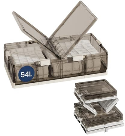 Heikoeco® Unterbett Aufbewahrungsbox mit Rollen Kunststoff, faltbare Aufbewahrungsbox mit deckel & 2 transparente Türen, stapelbare Unterbettkommode mit Rollen, Clipverschluss (54L-64x42x20cm)