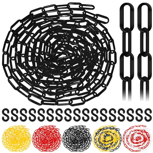 Glarks Kunststoff-Kettenbarriere, 5 m x 6 mm, schwarze Kunststoff-Kettenglieder, Sicherheitsabsperrkette für Menschenmengenkontrolle, Warteschlangenlinie, Parkplatz, Baustelle, Schwarz, 21 Stück