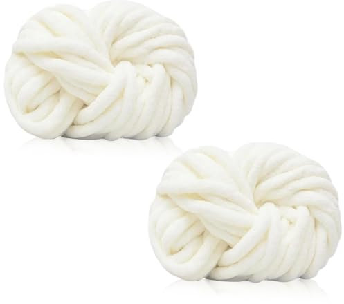 Duscdesp 500g(2 x 250g) Dicke Wolle Garn, Chenille Chunky Wolle Weiche Armstricken Wolle zum Stricken und Häkeln XXL Chenille Wolle Yarn für Decken, Kissen, Schals, Mützen (Milch Weiß)