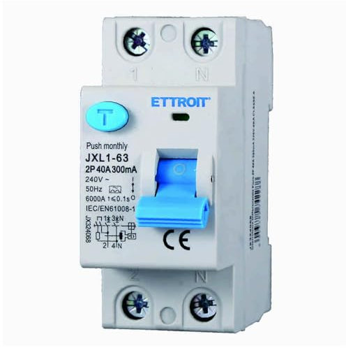 Interruttore differenziale puro, 2P 2 poli, occupa 2 moduli, Tipo AC, 220V 230V AC, 40A C40, 300mA, 6KA 6000A, RCCB, Montaggio su guida DIN, classe A