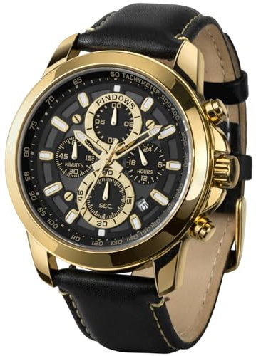 PINDOWS Herrenarmbanduhr, analoger Quarz-Chronograph, wasserdicht, Leuchtende Armbanduhren mit Lederarmband in Schwarz-Braun für Business und Casual Wear