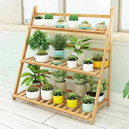 Bambus-Leiter mit 3 Ebenen, faltbar, Blumentopf-Ausstellungsregal für den Innen- und Außenbereich, ideal für Terrasse, Garten, Balkon, 80 cm Pflanzgefäß
