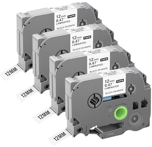 4x Kompatibel für Brother P-Touch Bänder 12mm 0.47''x8m Black on White, Kompatibel Brother TZe-231 TZe231 TZe Band 12mm, Schriftband für PT-H100/105/107B/100LB