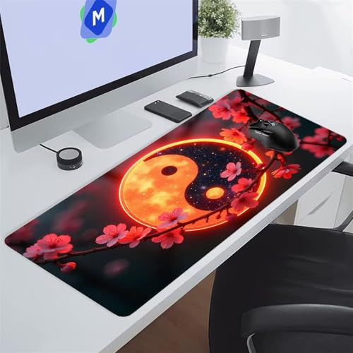Mauspad XXL 600x300x2 mm Yin Yang Blume Groß Gaming Mousepad Waschbares Tastatur Matte Large Size Tischunterlage verbessert Präzision und Geschwindigkeit für Spiele und Büro
