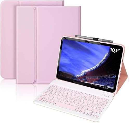 KTOITION Funda Teclado para Tablet Lenovo Tab 10.1'' TB311FU/TB311XU, Soporte para Lápiz y Teclado Recargable, [Español] Magnético Desmontable Bluetooth Teclado for Tablet 10.1 Pulgadas (Rosa)