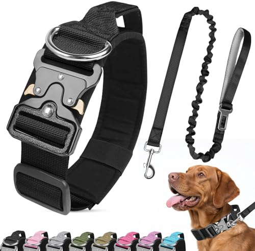 Ledeak Hundehalsband und Leine, Taktisches Hundehalsband mit Kontrollgriff und Metallschnalle, Hunde Halsband Gepolstert, Breit Verstellbare Halsband für Hunde Training Freizeit Outdoor (Schwarz, XL)