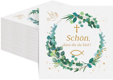 Aneco 120 Stück Servietten kommunion mit dem Spruch Schön, dass du da bist 33x33 cm Einweg-Papierservietten für Taufe, Kommunion, Konfirmation oder andere festliche Anlässe