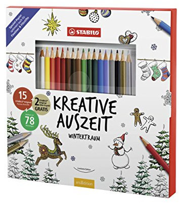STABILO D/87-2435 Malbuch für Erwachsene - Kreative Auszeit Wintertraum mit 15+2 Original Premium-Buntstifte inklusive Gratis - Geschenkverpackung, gold/silber