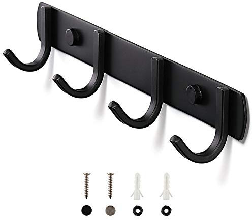 Hosko Kleiderhaken, Leiste mit 4/5/6 Haken aus EDELSTAHL rostfrei Bademantelhaken Wandgaderobe Mehrzweckhaken für Badezimmer, Küche, Flur und Schlafzimmer innen/außen, Schwarz (4 Haken)