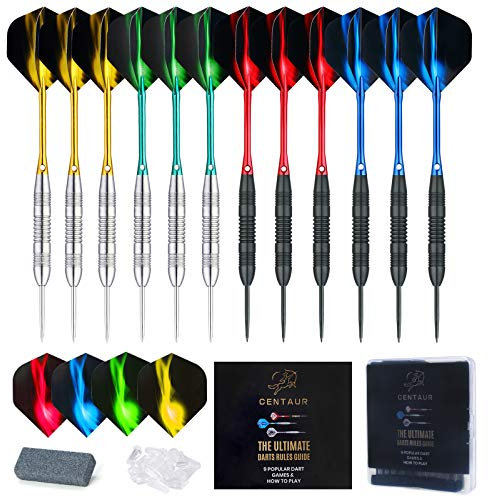 centaur 12 Pack Steel Tip Darts, Professional 22 Grams Metal Dart Set with 4 Color Premium Aluminum Shafts and 4 Style PET Flights and Dart Case, Silver & Black